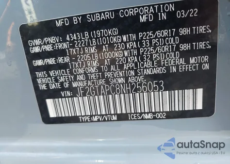 2022 Subaru Crosstrek Premium z USA, uszkodzony, nr VIN JF2GTAPC8NH256053